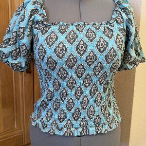 Light Blue elastic gathered blouse with gold and green large diamond print
